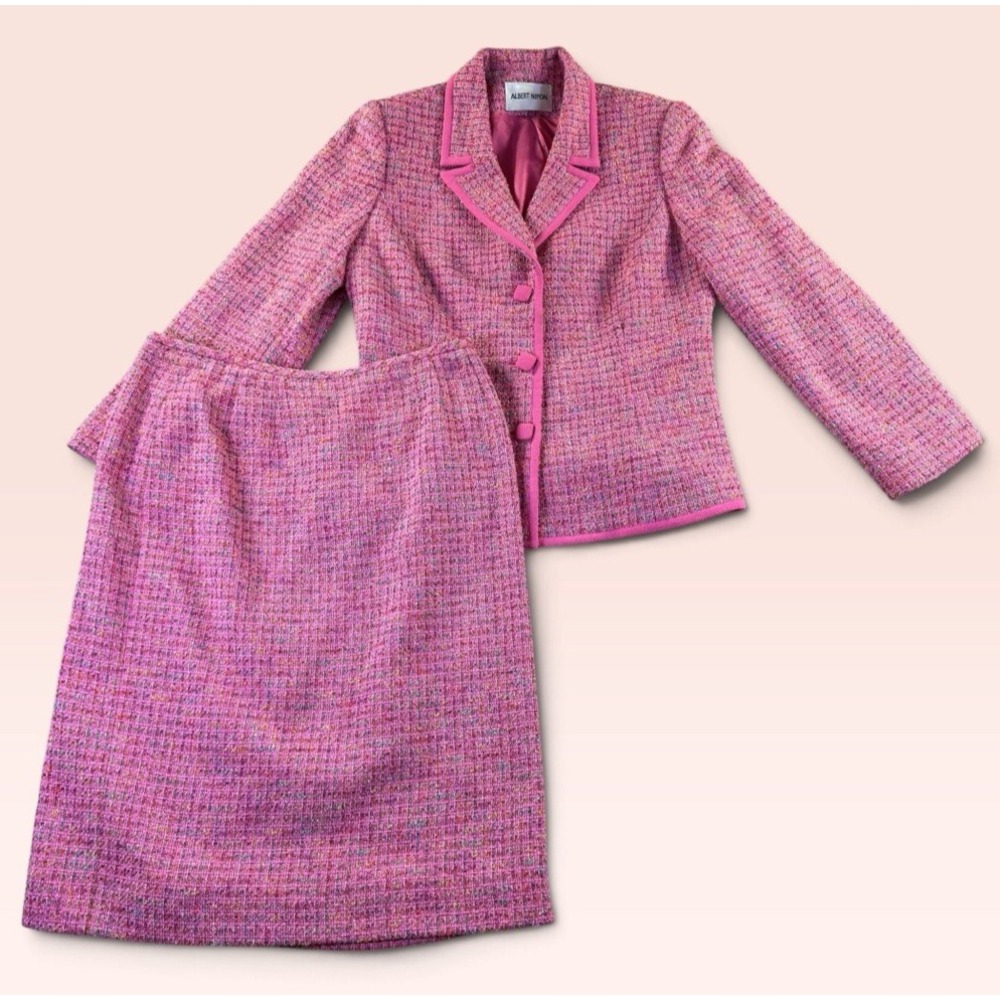 Vintage Albert Nipon Pink Tweed Skirt Suit Set Silk Wool Blend 90's Barbiecore